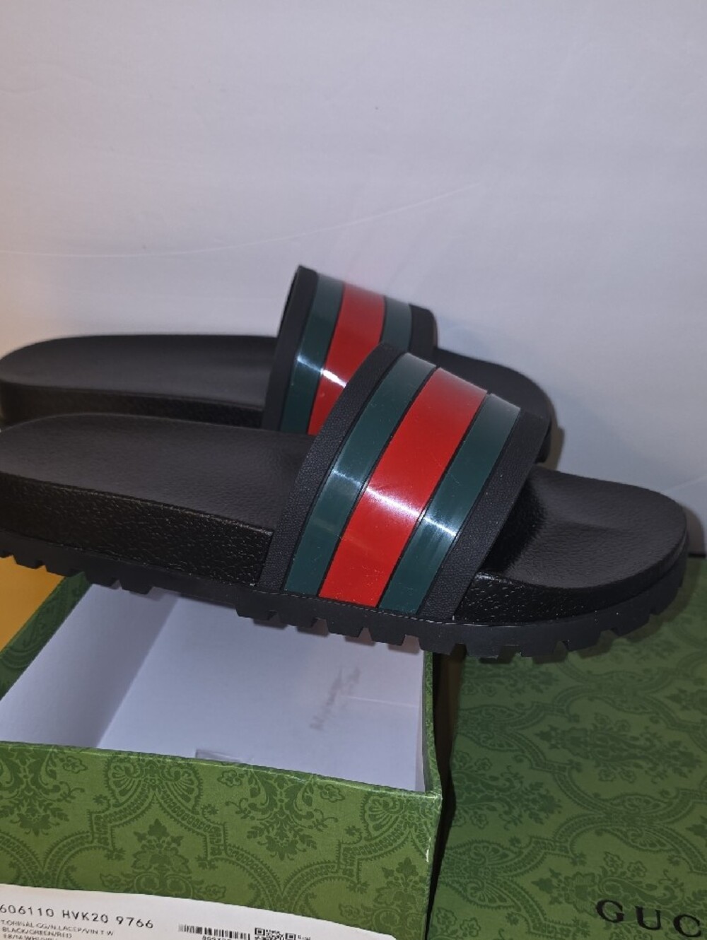 Gucci  Black Slides with Red & Green Web Stripe Authentic Designer Look